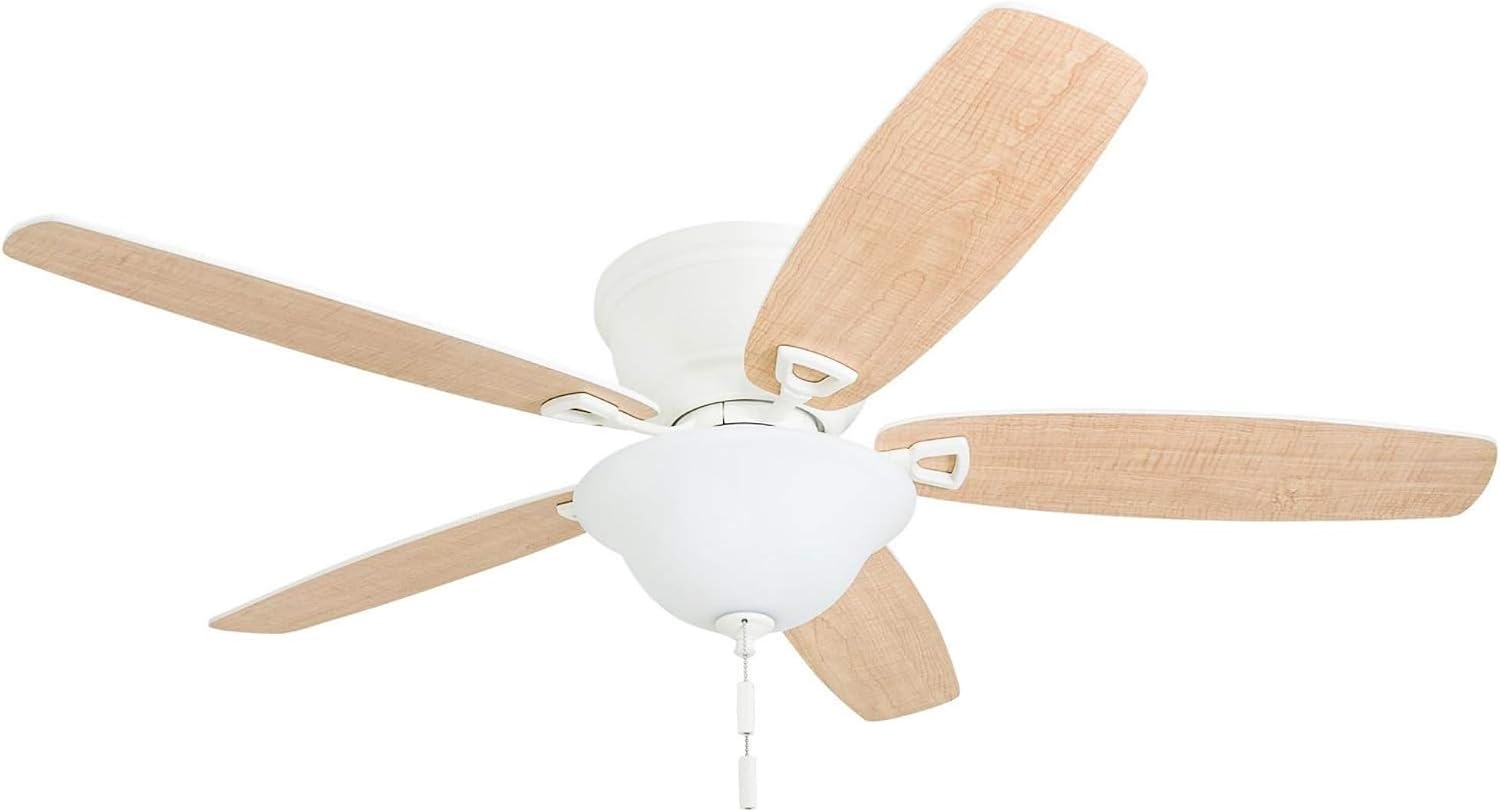 Honeywell Glen Alden 52 Inch Indoor LED Ceiling Fan with Bowl Light, Pull Chain Control, 5 Dual-Finish Blades, Quiet Reversible Motor, White