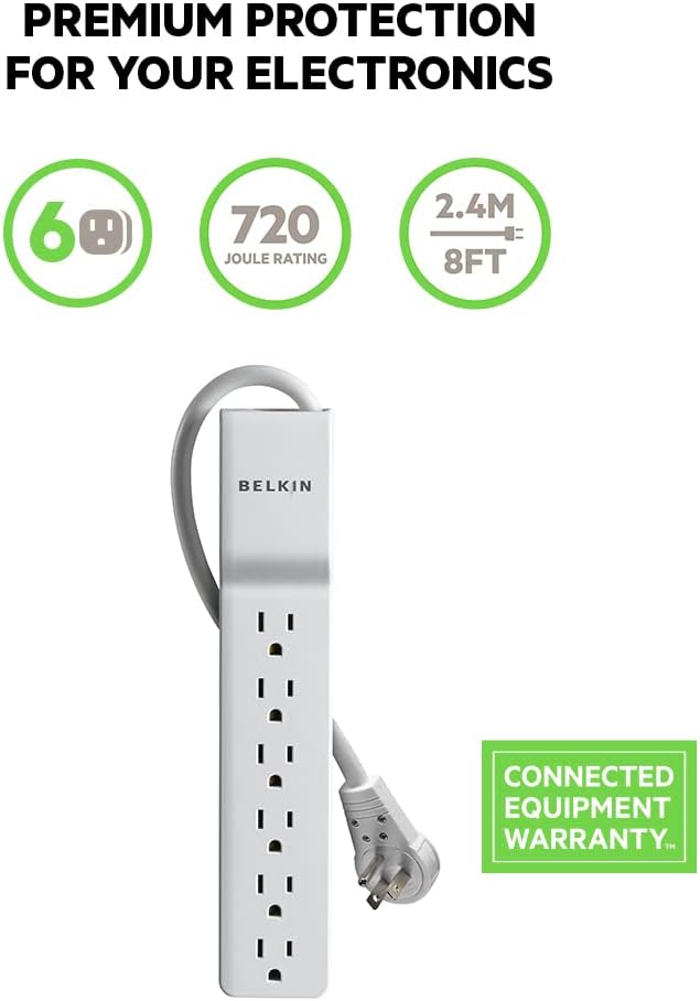 Belkin Surge Protector Power Strip-6 AC Multiple Outlets-Flat Rotating Plug,8ft Long Heavy-Duty Extension Cord for Home,Office,Travel,Computer Desktop&Charging Brick-White (720 Joules),(Pack of 6)
