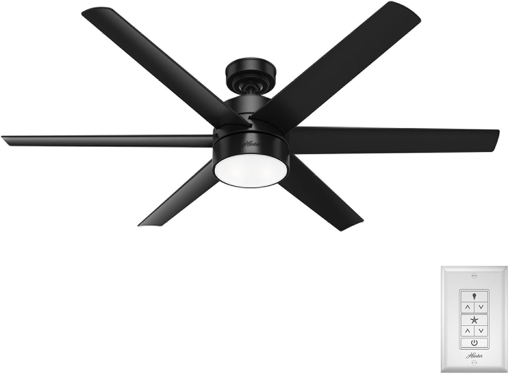 Hunter 60 inch Outdoor or Indoor Ceiling Fan with LED Light - Black Ceiling Fan with Wall Control, For Patio, Garage, or Porch, Quiet, Standard Mount, 6 Blades - Solaria 59624, Matte Black