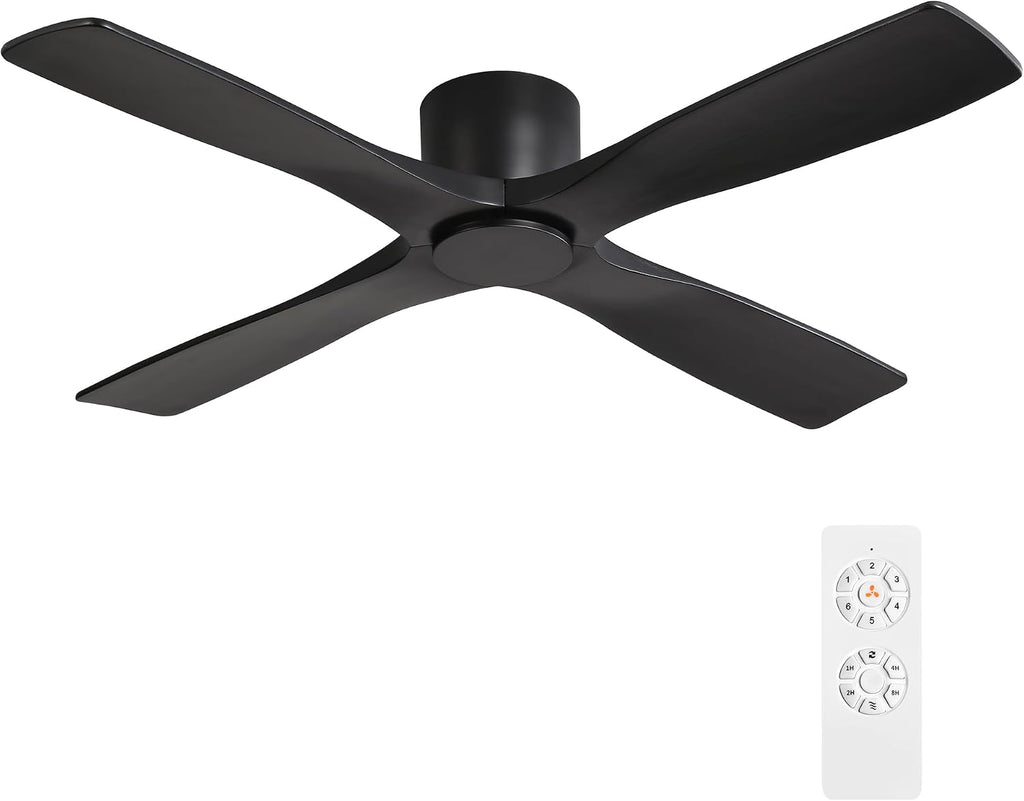 WINGBO 48 Inch Flush Mount DC Ceiling Fans without Lights, 4 Carved Solid Wood Blades, 6-Speed Reversible DC Motor, Low Profile Hugger Ceiling Fan No Lights for Indoor and Outdoor, Matte Black