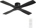 WINGBO 48 Inch Flush Mount DC Ceiling Fans without Lights, 4 Carved Solid Wood Blades, 6-Speed Reversible DC Motor, Low Profile Hugger Ceiling Fan No Lights for Indoor and Outdoor, Matte Black
