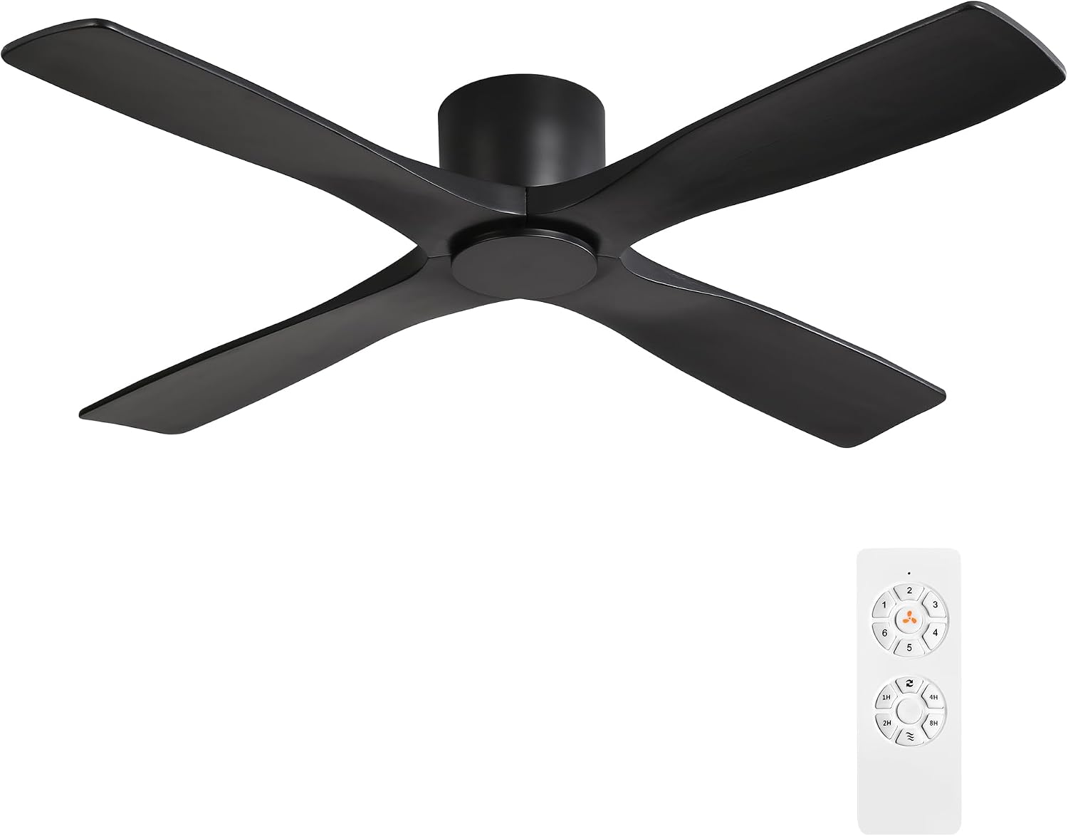 WINGBO 48 Inch Flush Mount DC Ceiling Fans without Lights, 4 Carved Solid Wood Blades, 6-Speed Reversible DC Motor, Low Profile Hugger Ceiling Fan No Lights for Indoor and Outdoor, Matte Black