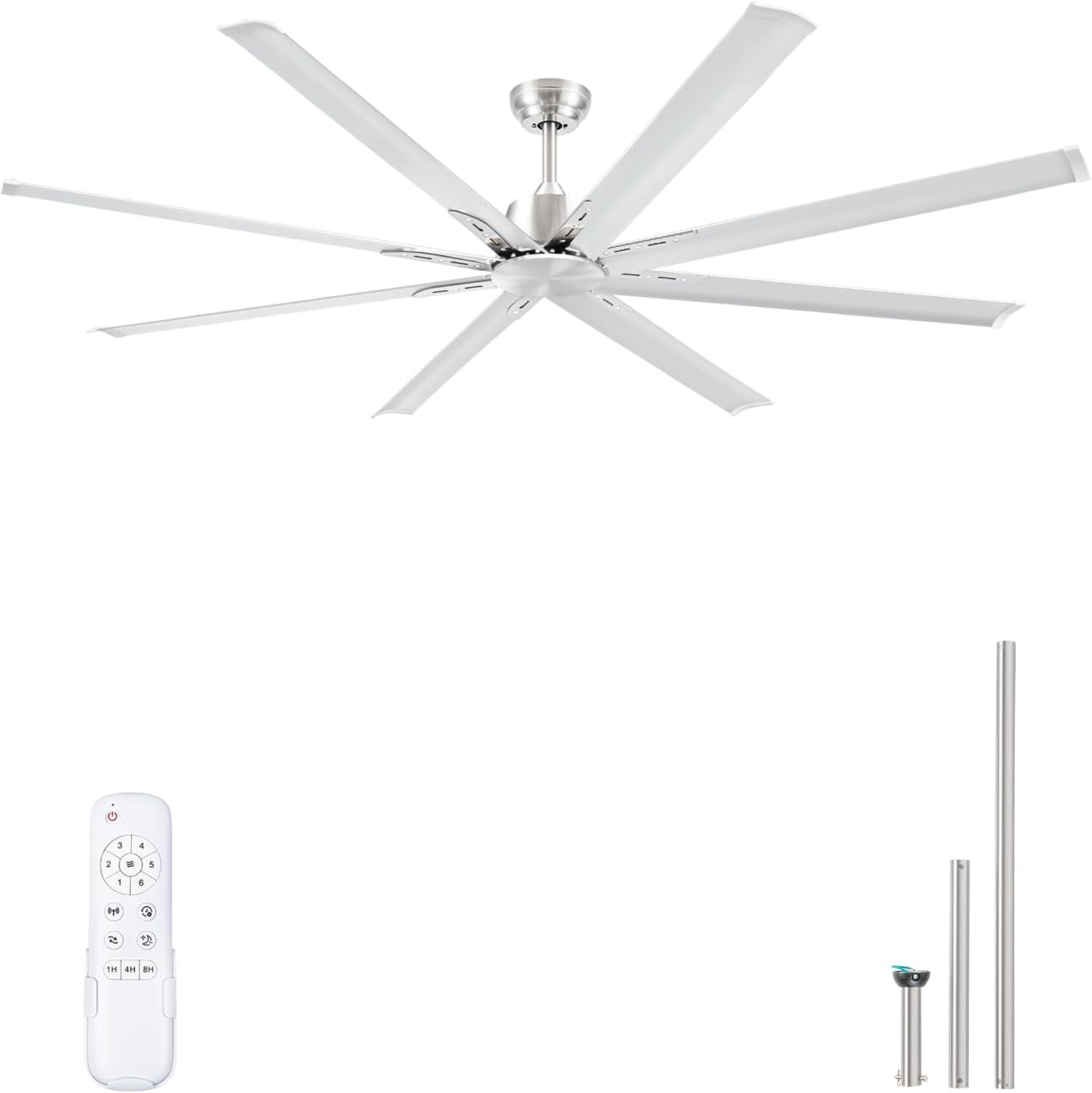 Minislak 84 Inch Ceiling Fan No Light with 8 Brushed Nickel Aluminum Blades,Industrial DC Motor Fan Quiet Operation with Remote,6 Speeds,Large Indoor Outdoor Ceiling Fan for Garage,Patio,Living Room