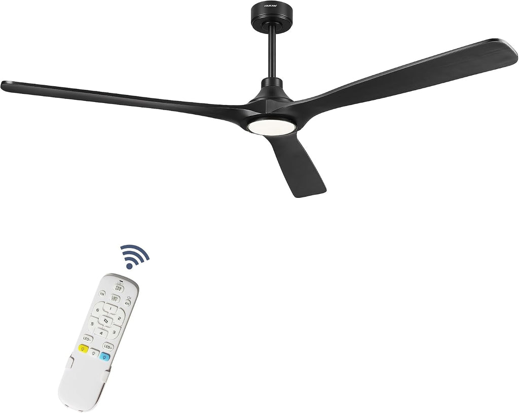 YOUKAIN 72 Inch Ceiling Fan with Light, 3 Black Solid Wood Blade, Remote Control, 3CCT Dimmable LED, 6-Speed Reversible Motor, Propeller Outdoor Ceiling Fans for Patios, 72-YJ817-BK
