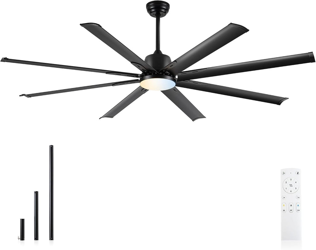 72 lnch lndustrial Celing Fan with Light and Remote Control,Large Celing Fan with 8 Black Aluminum Blades,6 Speed Noiseless DC Motor,Wet Rated Indoor Outdoor Ceiling Fans for Patio,Garage,exterior