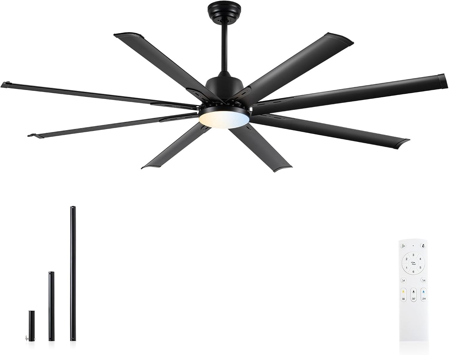72 lnch lndustrial Celing Fan with Light and Remote Control,Large Celing Fan with 8 Black Aluminum Blades,6 Speed Noiseless DC Motor,Wet Rated Indoor Outdoor Ceiling Fans for Patio,Garage,exterior