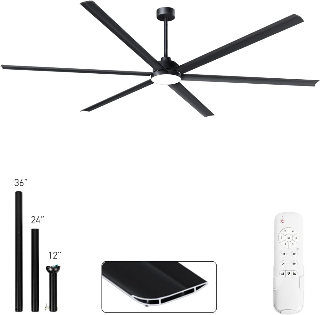 Minislak 100 Inch Large Industrial HVLS Ceiling Fan with 6 Black Double-Layer Aluminum Blades,High CFM Ceiling Fan with Light and Remote,12/24/36in Downrod,Quiet DC Motor Outdooor Fan for Patio