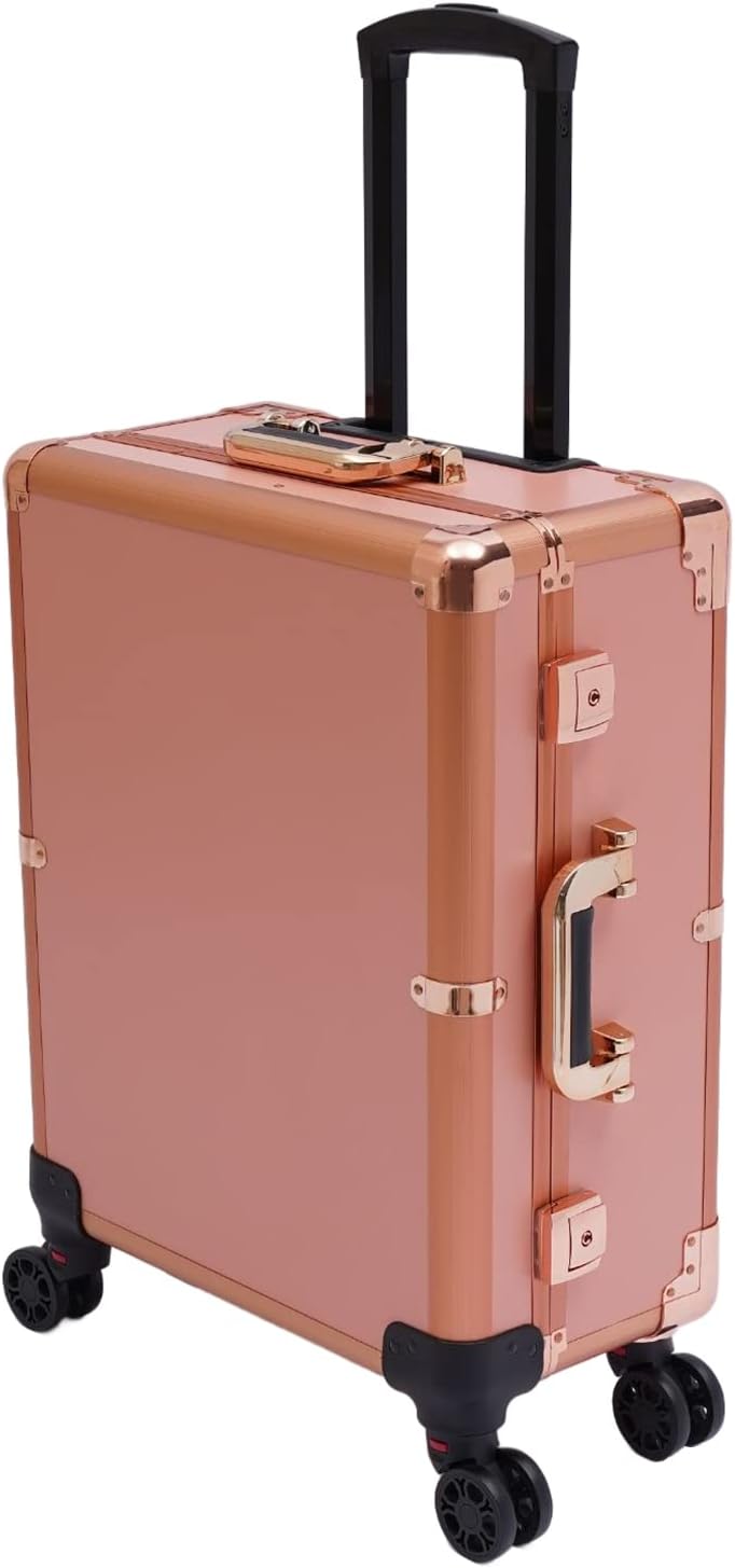 Aluminum Trolley Makeup Train Case with LED Light & Mirror,Professional Cosmetic Travel Box with Retractable Legs, Rolling Lighted Makeup Vanity Station for Travel (Rose Gold)