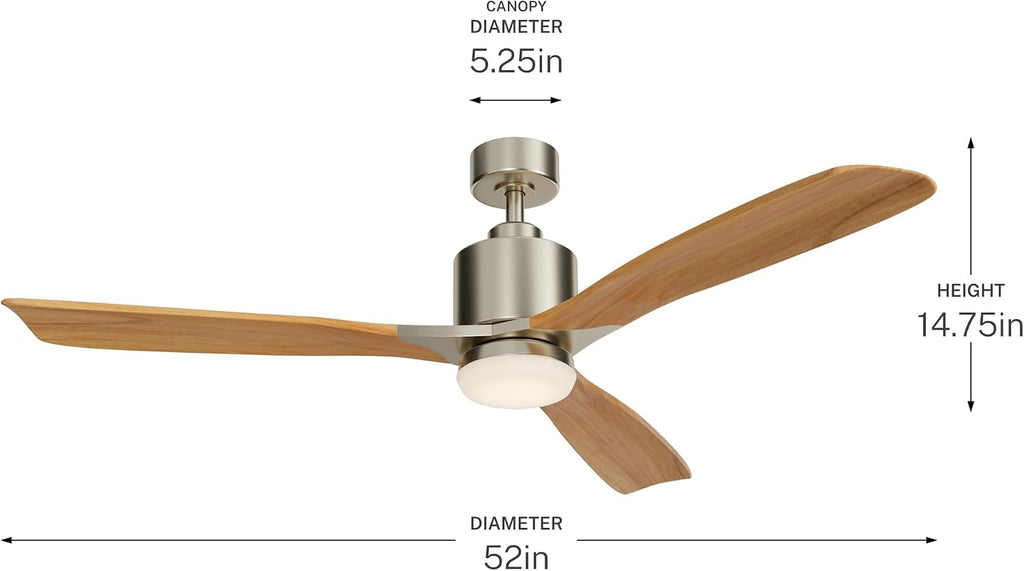 Kichler Ridley II 52 in Ceiling Fan with Light, 3-Blade LED Indoor Fan with Etched Cased Opal Glass in Brushed Stainless Steel, Medium Oak Blades for Living Room, 300027BSS