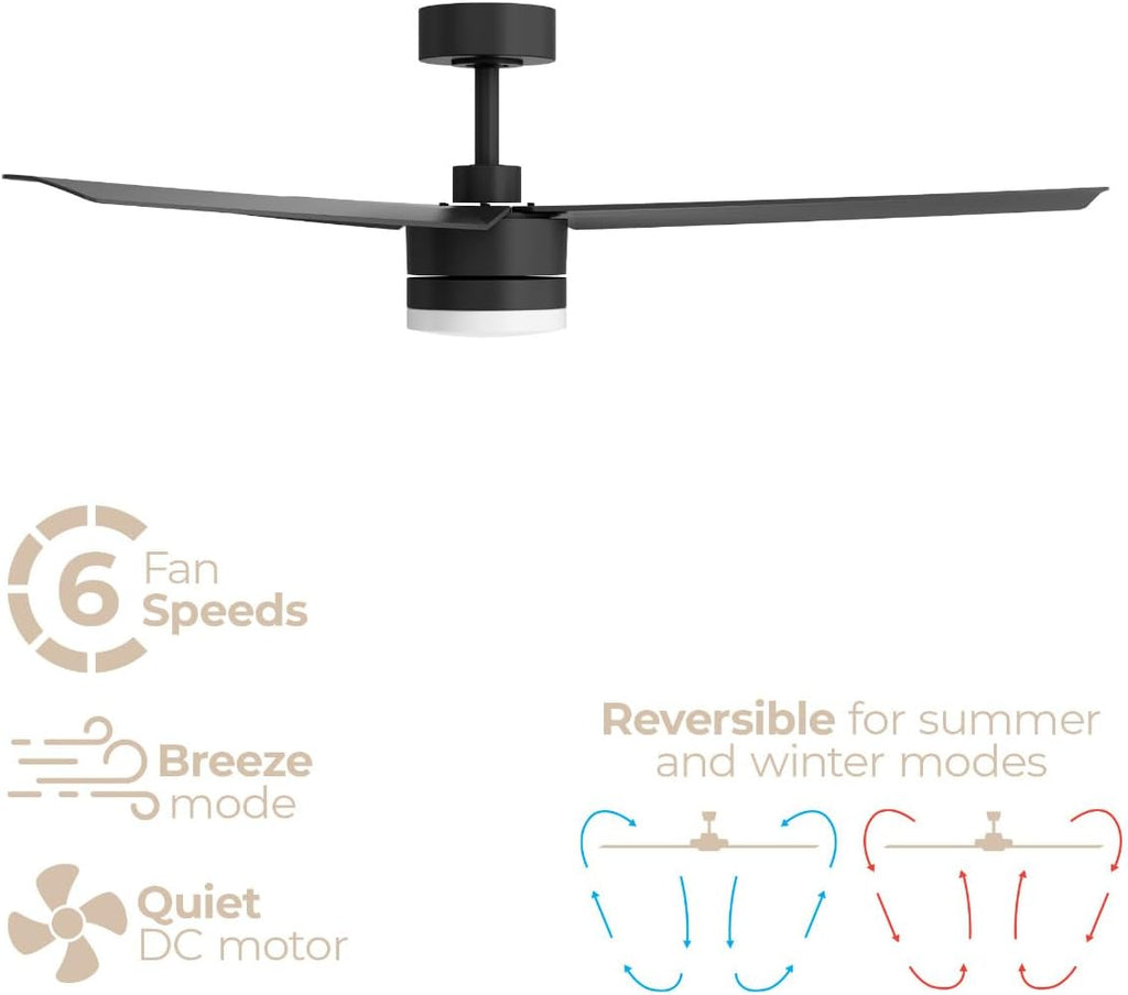 Breeze 52in 3-Blade Smart Ceiling Fan in Matte Black 2700K-6000K CCT Tunable Range LED Light Kit with Remote Control Works With iOS or Android App