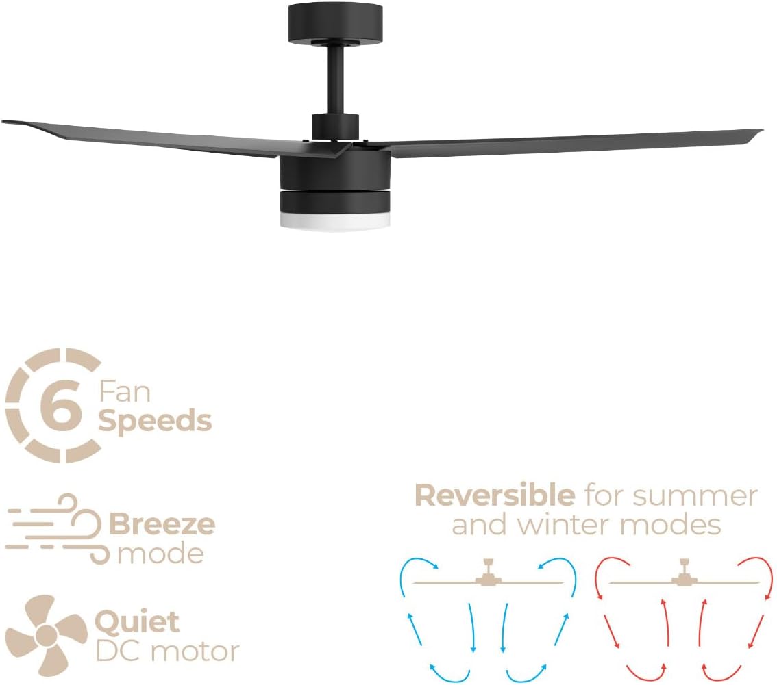 Breeze 52in 3-Blade Smart Ceiling Fan in Matte Black 2700K-6000K CCT Tunable Range LED Light Kit with Remote Control Works With iOS or Android App