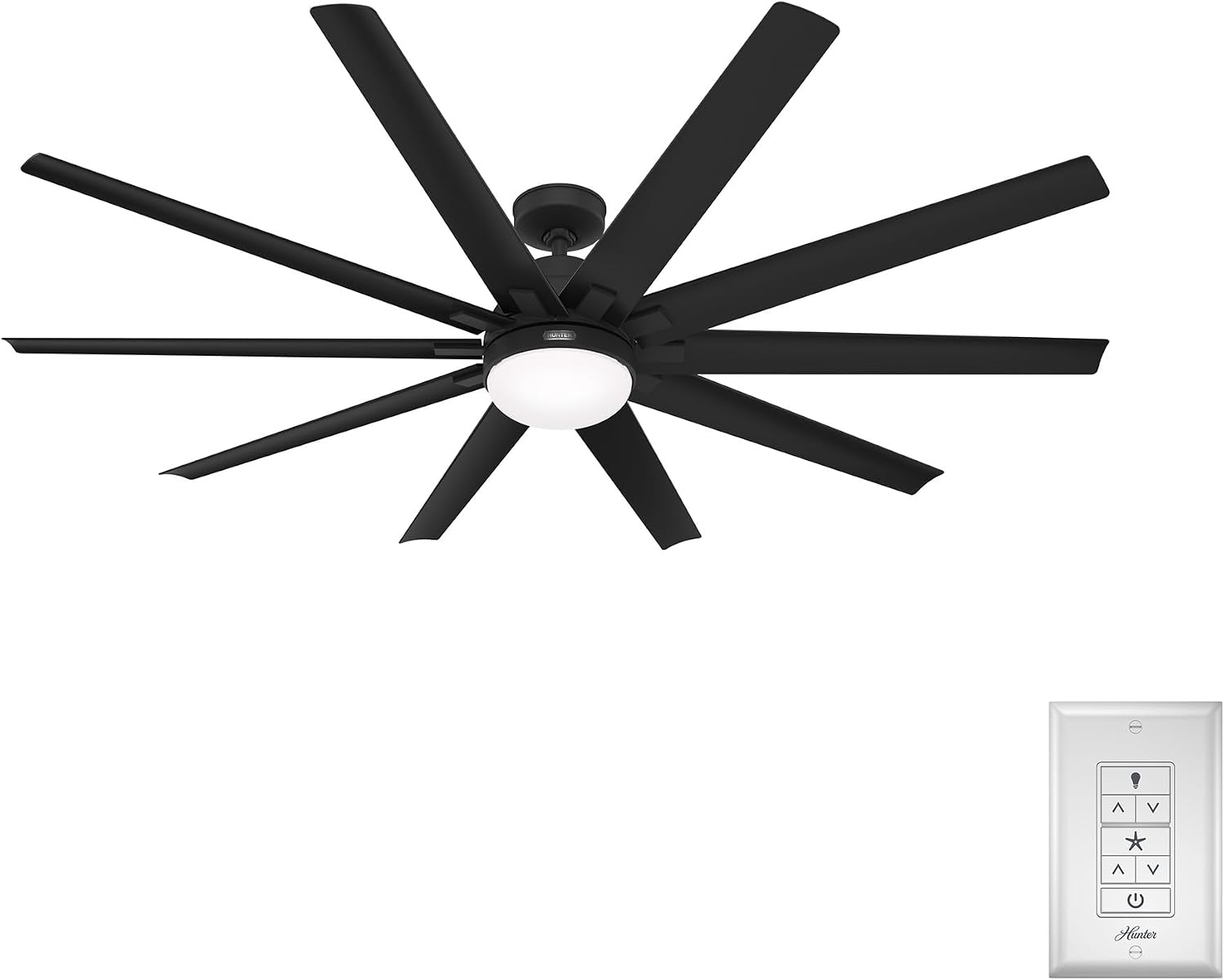 Hunter 72 inch Outdoor or Indoor Ceiling Fan with LED Light - Black Ceiling Fan with Wall Control, for Patio, Garage, or Porch, Quiet, Standard Mount, 10 Blades - Overton 52618, Matte Black