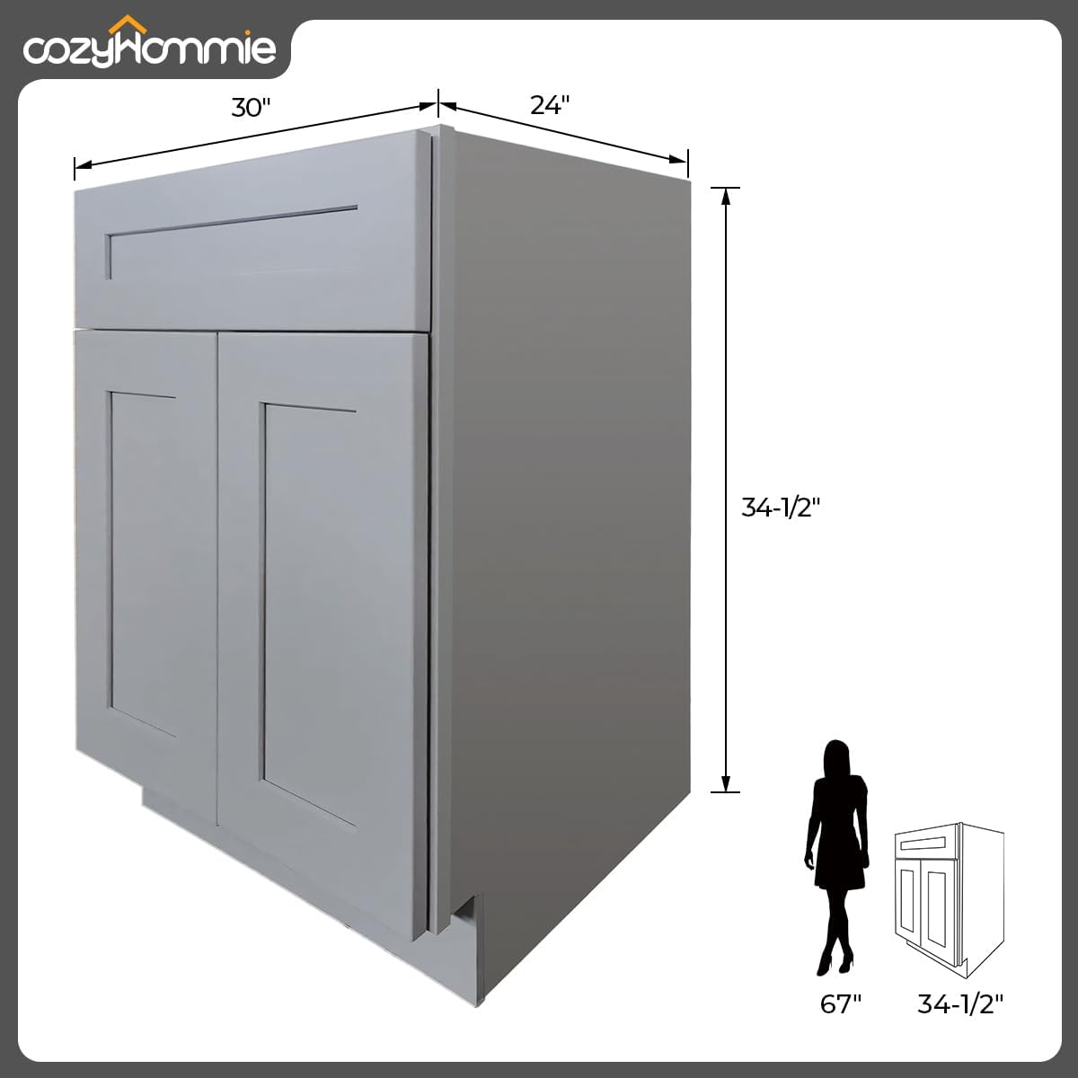 American Kitchen Sink Base - Solid Wood RTA Storage for Kitchen and Bathroom Upgrades - 2 Door Rat Cabinet (Grey, 30' Width x 24' Depth x 34-1/2' Height)