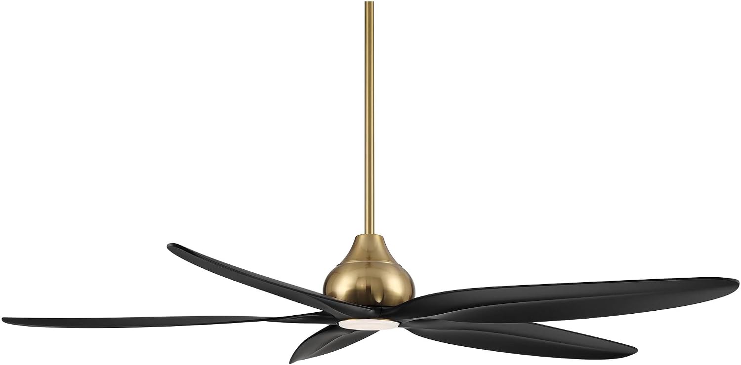 Casa Vieja 60' Lotus Bay Modern Indoor Outdoor Ceiling Fan 5 Blade LED Light Remote Control Brass Finish Black Blades Bedroom Patio Living Room Kitchen Porch Damp Rated Decorative DC Motor Garage