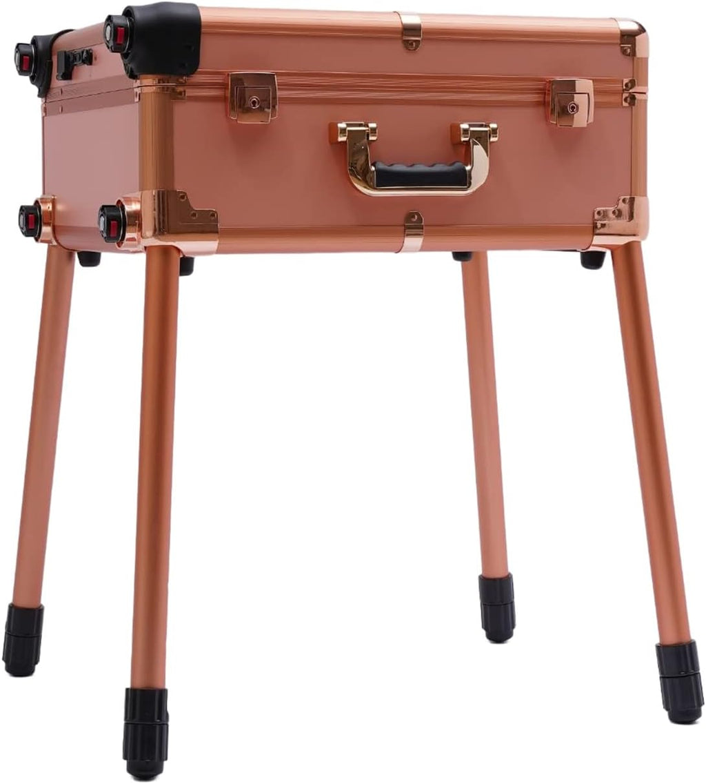 Aluminum Trolley Makeup Train Case with LED Light & Mirror,Professional Cosmetic Travel Box with Retractable Legs, Rolling Lighted Makeup Vanity Station for Travel (Rose Gold)