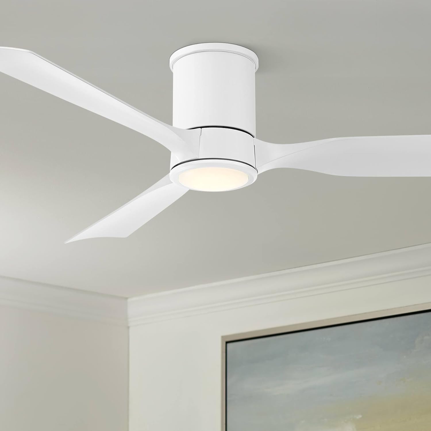Casa Vieja 56' Keel Modern Indoor Outdoor Ceiling Fan 3 Blade LED Light Remote Control Matte White Finish Blades Bedroom Patio Living Room Kitchen Porch Hugger Damp Rated Flush Mount Garage Exterior