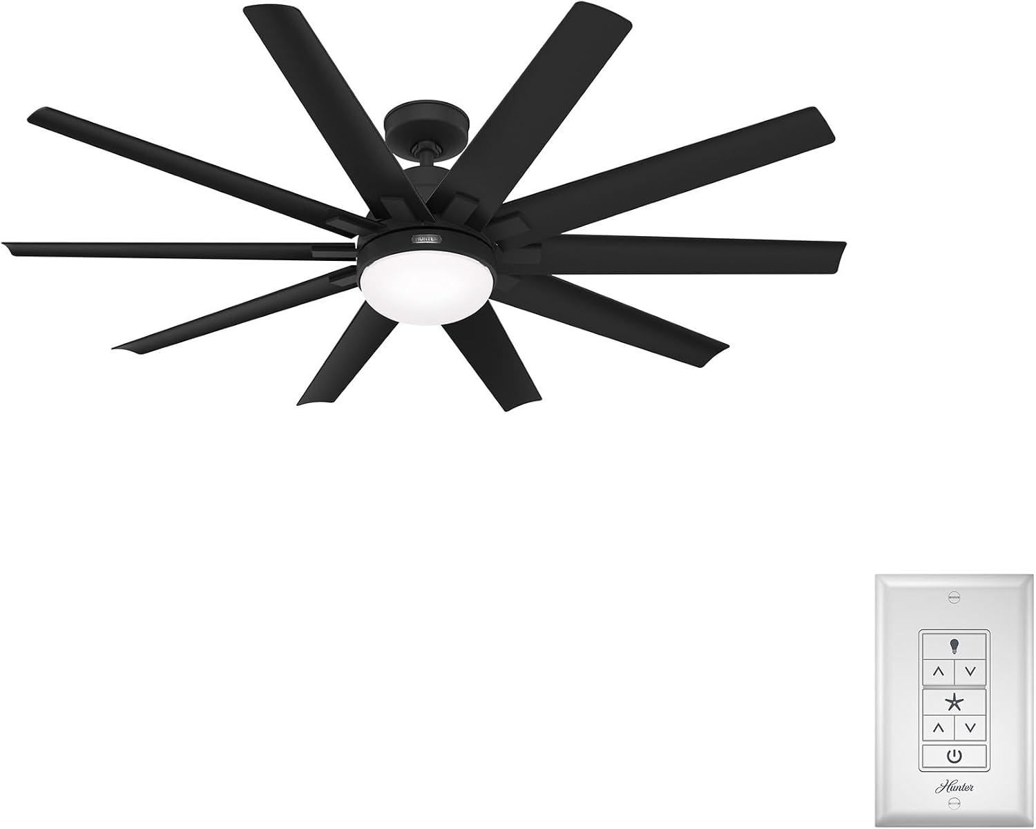 Hunter 60 inch Outdoor or Indoor Ceiling Fan with LED Light - Black Ceiling Fan with Wall Control, For Patio, Garage, or Porch, Quiet, Standard Mount, 10 Blades - Overton 52615, Matte Black