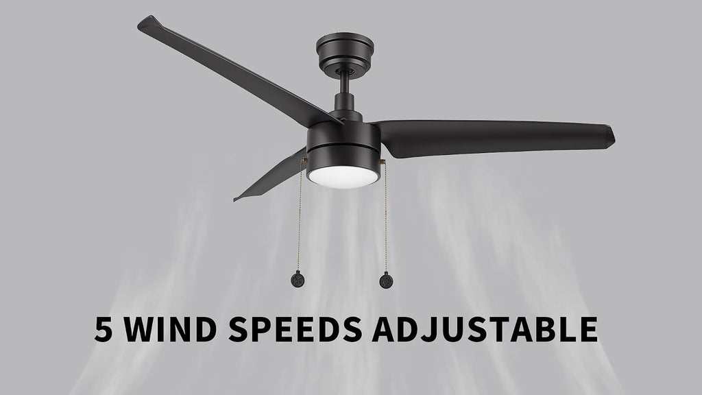 SMAAIR Indoor 52 Inch Ceiling Fans with Pull Chain, Modern Ceiling Fans with Lights, Dimmable LED Ceiling Fan with 3 Blades for Bedroom, Quiet DC Motors, Reversible, Black
