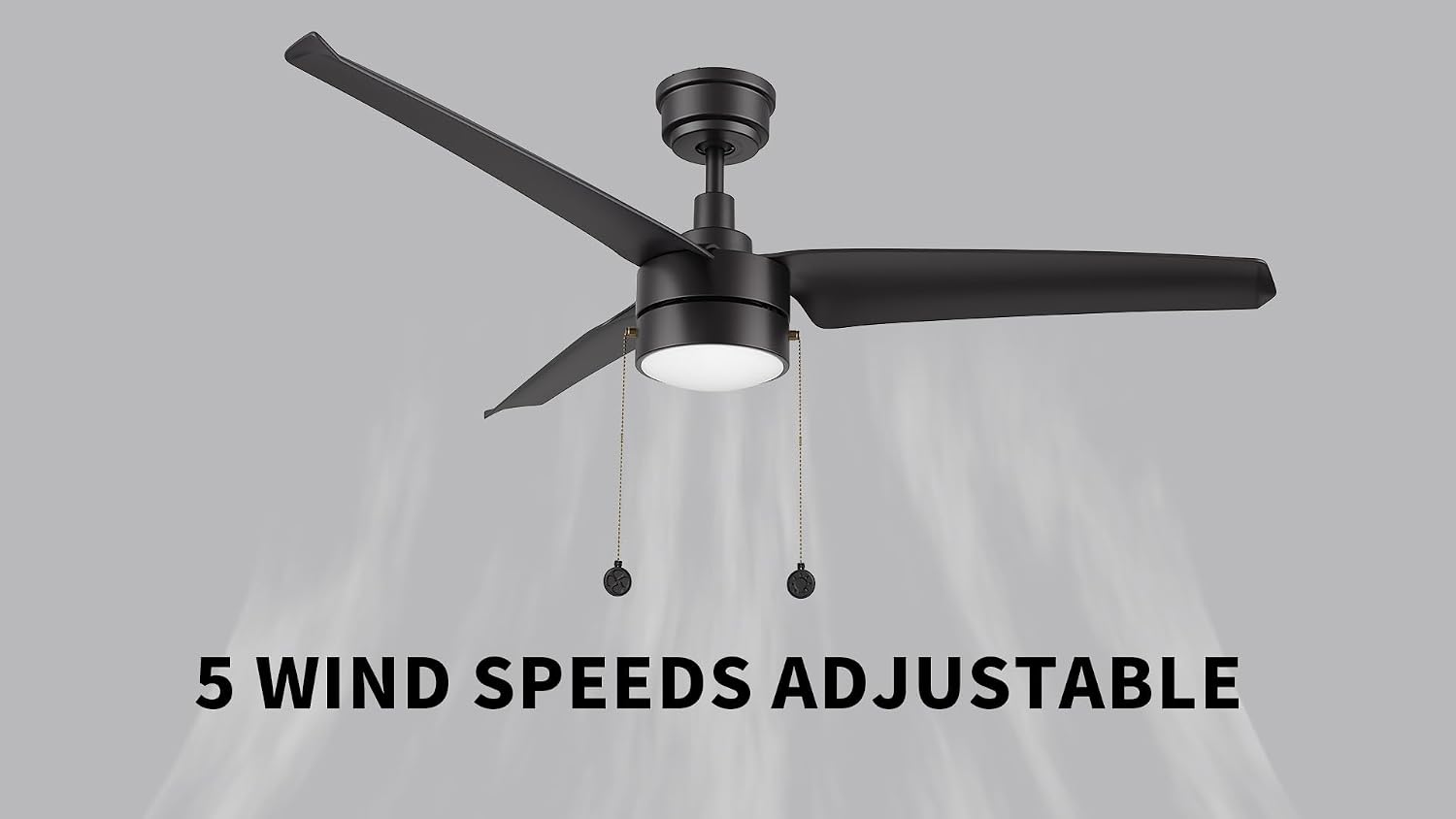 SMAAIR Indoor 52 Inch Ceiling Fans with Pull Chain, Modern Ceiling Fans with Lights, Dimmable LED Ceiling Fan with 3 Blades for Bedroom, Quiet DC Motors, Reversible, Black