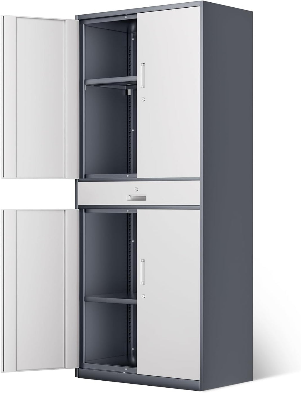 DNA Motoring 71'' Rolling Garage Metal Cabinet with 1 Drawer and Adjustable Shelves, Heavy Duty Utility Lockable Cabinet for Garage, Office, Home, Gym, Gray White, TOOLS-00629-GY-WH