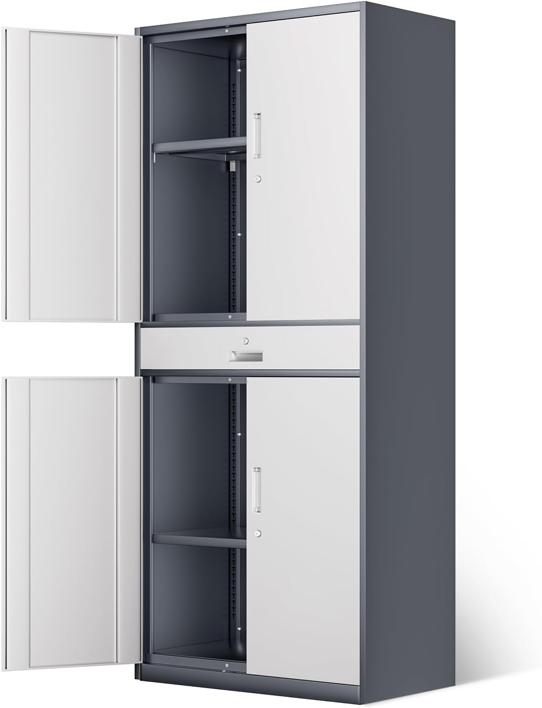 DNA Motoring 71'' Rolling Garage Metal Cabinet with 1 Drawer and Adjustable Shelves, Heavy Duty Utility Lockable Cabinet for Garage, Office, Home, Gym, Gray White, TOOLS-00629-GY-WH