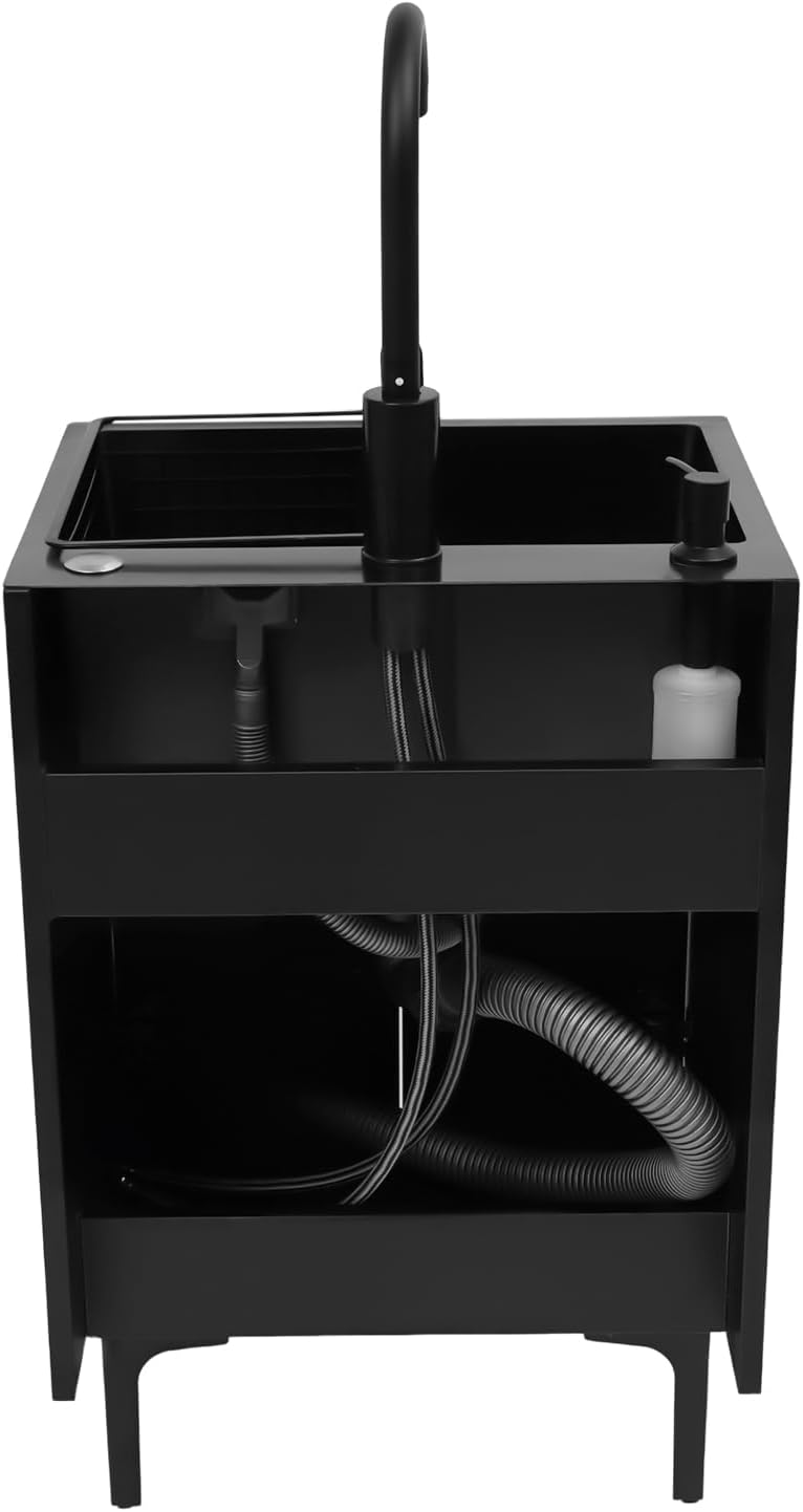 20-Inch Laundry Sink with Cabinet and Hot & Cold Faucet, Stainless Steel Utility Sink with Cabinet, Black Cabinet with Single Bowl Sink for Laundry & Utility Room, Kitchen, Bathroom, Basement
