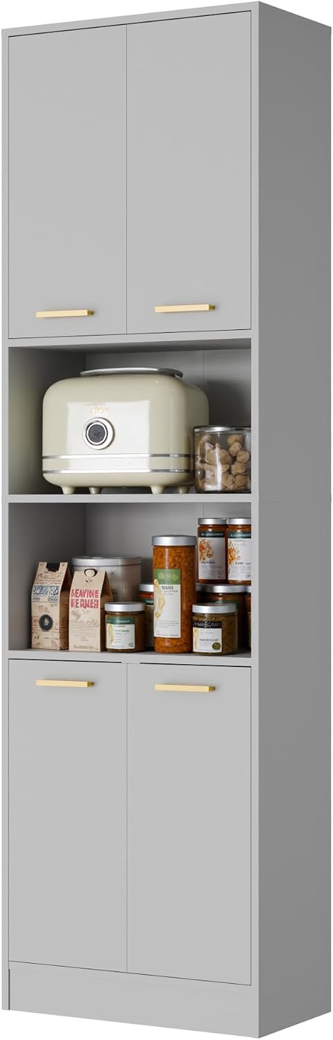 Cozy Castle Kitchen Pantry Cabinet, 75' Tall Wood Storage Cabinet with Doors and Shelves, 4 Doors Open Countertop Utility Hutch Cupboard for Dining Room Living Room Bathroom Furniture, Gray