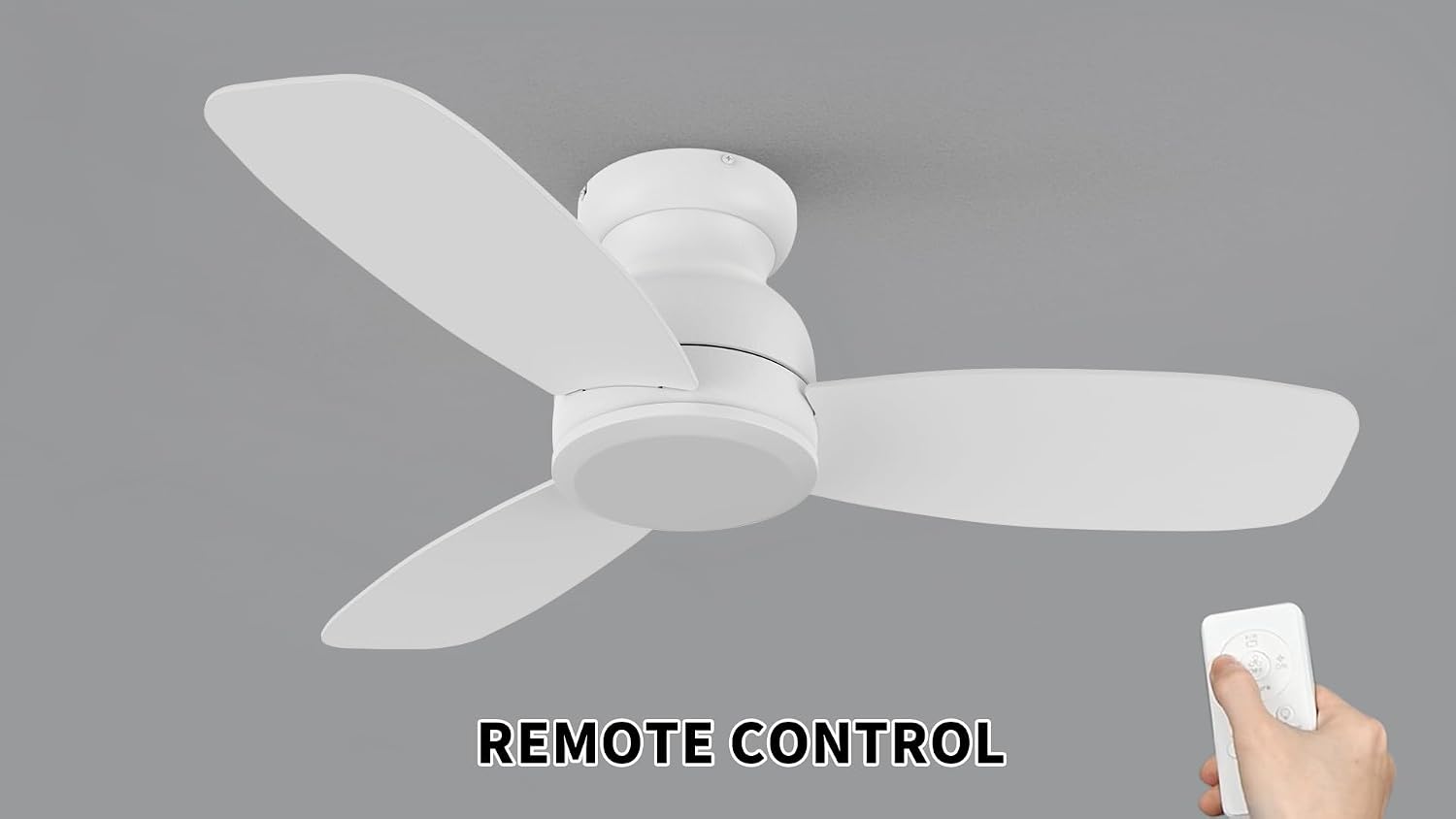 CEME 44 Inch Flush Mount Ceiling Fan without Lights, White Ceiling Fan with Remote Low Profile, 10-Speed Reversible DC Motor, 3 Dual Finish Blades, Indoor for Bedroom