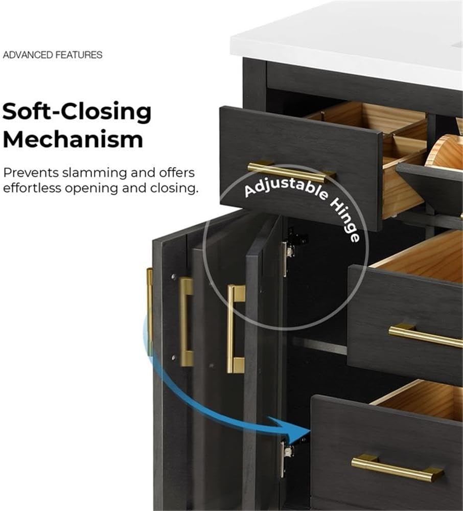 Pemberly Row 42' Bathroom Vanity, Matte Black Wood, White Quartz Countertop, 20' Undermount Sink, Brushed Gold Hardware, Shaker Style, Ample Storage, Ideal for Small Bathroom or Powder Room