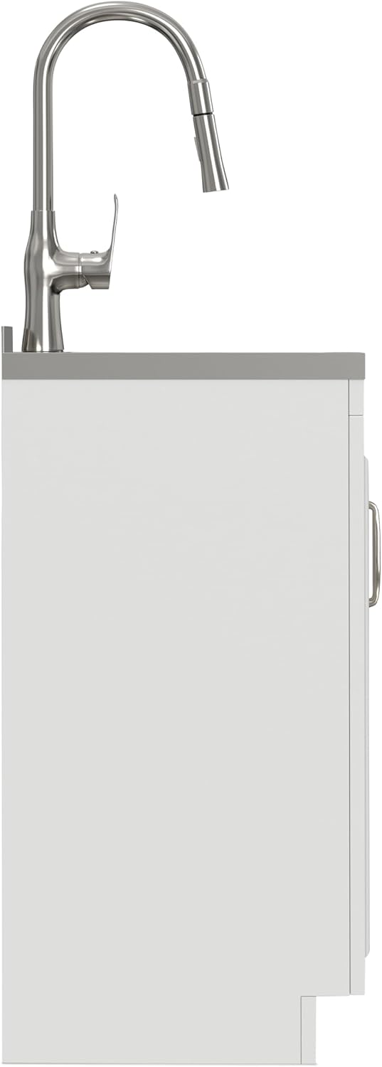 SIMPLIHOME Darwin All-in-One 20 inch Wide Utility Sink and Laundry Cabinet in Pure White Finish, Transitional Stainless Steel Sink Cabinet for Laundry Rooms with High-Arch Chrome Faucet and Storage