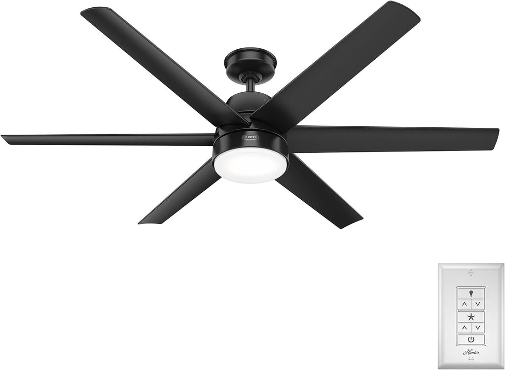 Hunter 60 inch Outdoor or Indoor Ceiling Fan with LED Light - Black Ceiling Fan with Wall Control, For Patio, Garage, or Porch, Quiet, Standard Mount, 6 Blades - Skysail 51875, Matte Black