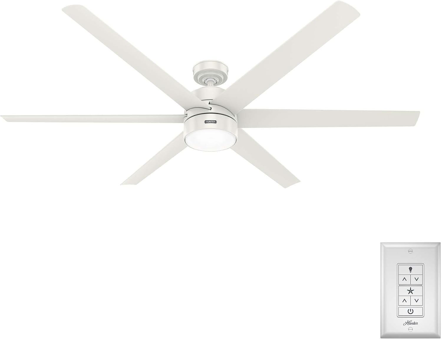 Hunter 72 inch Outdoor or Indoor Ceiling Fan with LED Light - White Ceiling Fan with Wall Control, For Patio, Garage, or Porch, Quiet, Standard Mount, 6 Blades - Solaria 51477, Fresh White