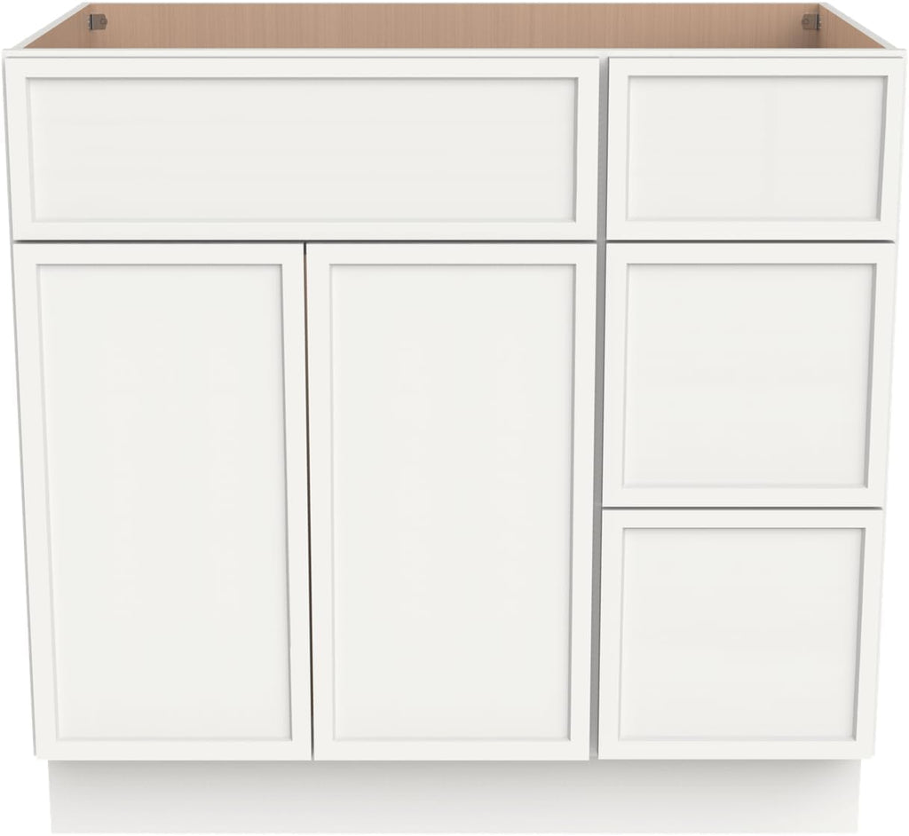 Solid Wood RTA 42' Bathroom Vanity Single-Sink Drawer Base Cabinet Sink Storage Cabinet with Soft-Close 2 Doors and 3 Right Drawers (NT-Origami White, 42' W × 21' D × 34-1/2'H)