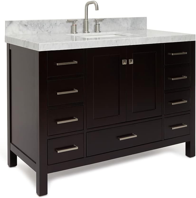 ARIEL Cambridge 48-inch Bathroom Vanity with Sink,Solid Wood, 2-inch Italian Carrara Marble Countertop, Single Rectangular Porcelain Sink, 2 Soft Closing Doors, 9 Dovetail Drawers, Espresso