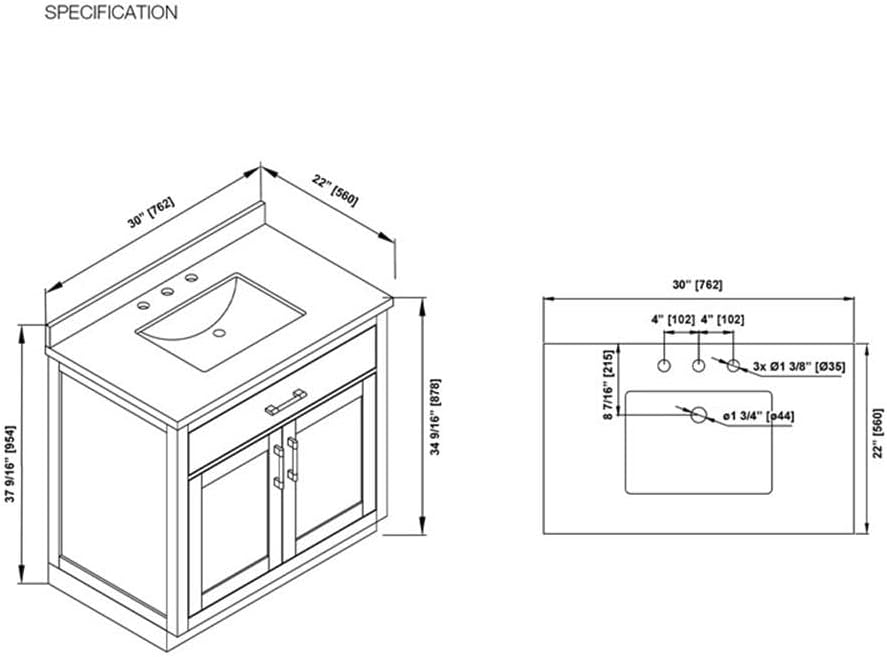 Pemberly Row 30' Bathroom Vanity, Matte Black Wood Frame, White Countertop with Undermount Ceramic Sink, Freestanding Design, Tilt-Down Drawer, Soft-Close Cabinets, Ideal for Half-Baths or En-Suites