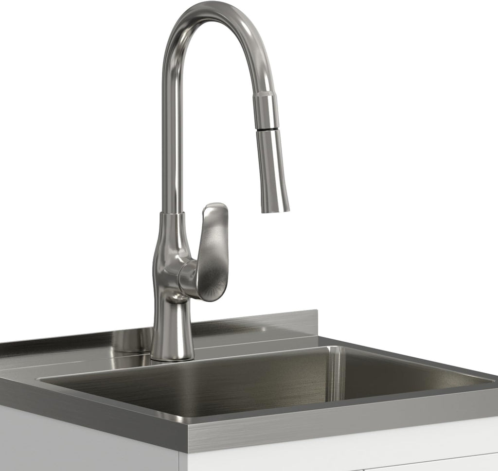 SIMPLIHOME Darwin All-in-One 20 inch Wide Utility Sink and Laundry Cabinet in Pure White Finish, Transitional Stainless Steel Sink Cabinet for Laundry Rooms with High-Arch Chrome Faucet and Storage