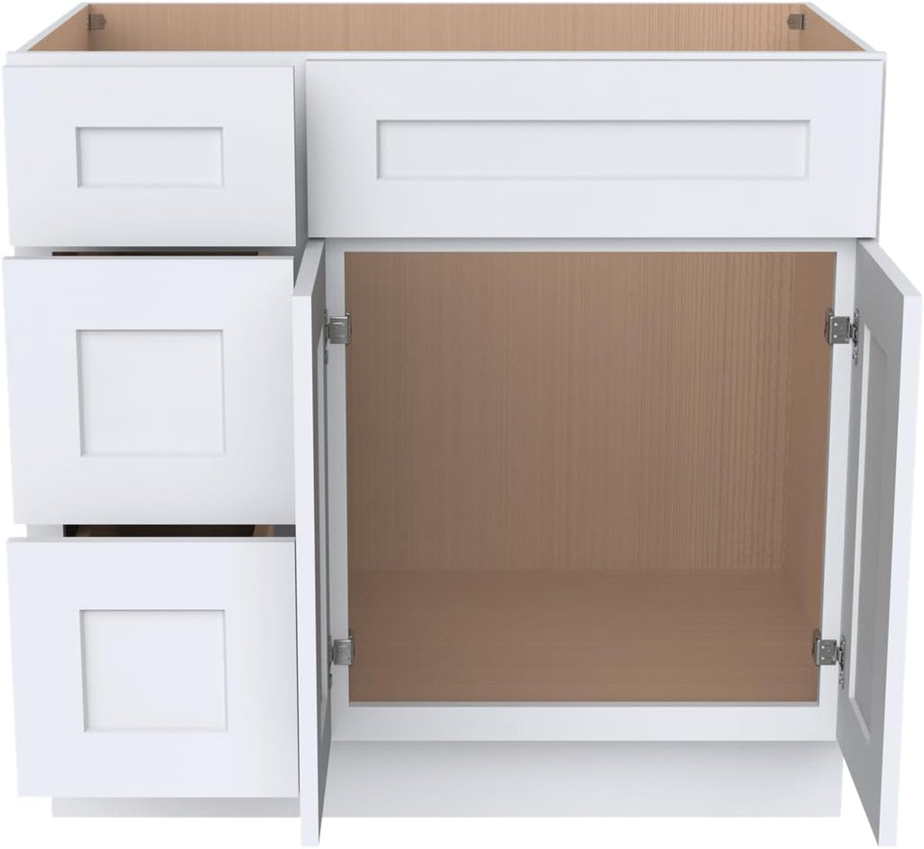 Solid Wood RTA Bathroom Vanity Sink Base Cabinet Sink Storage Cabinet with 2 Doors and 3 Left Drawers（White, 42'W × 21'D × 34-1/2'H