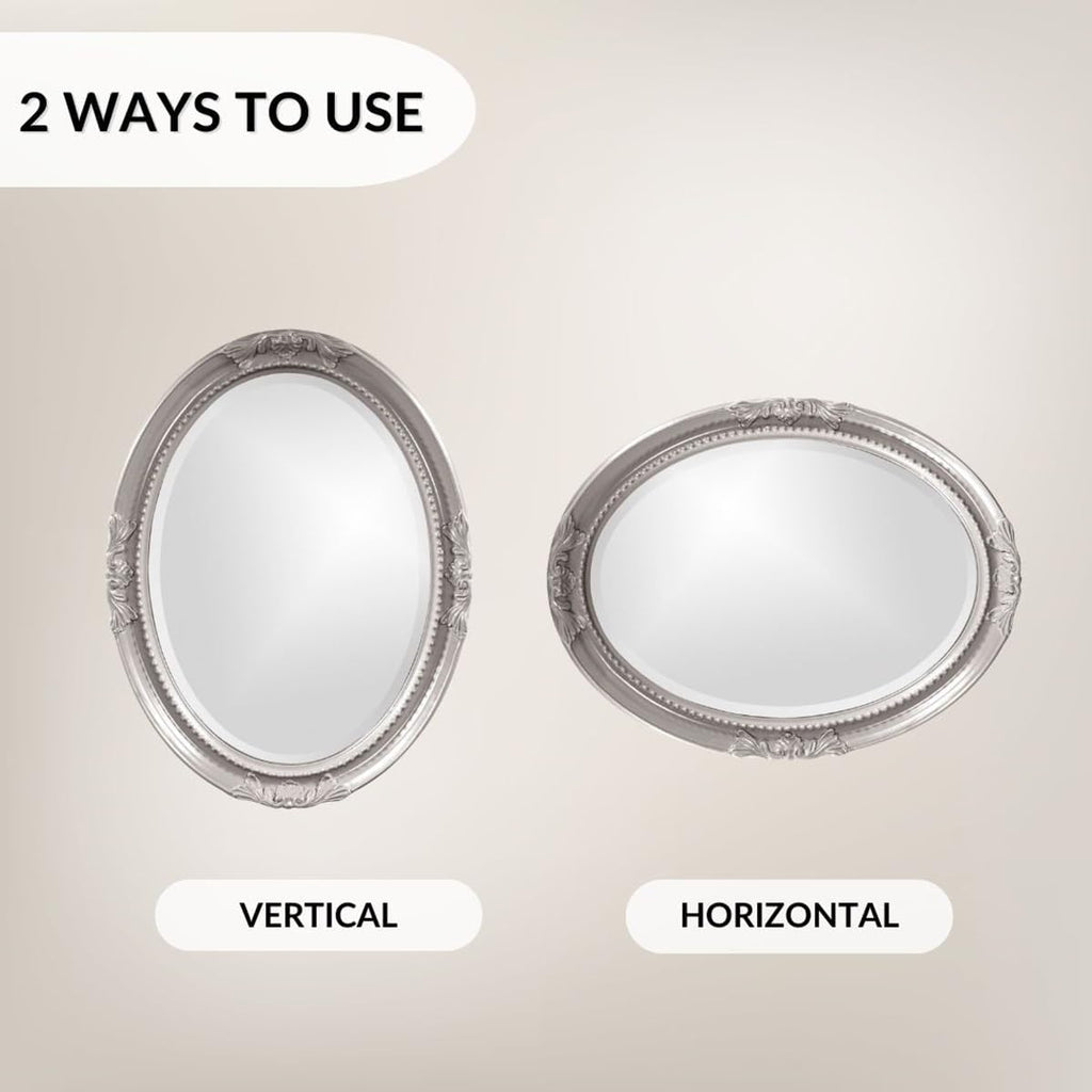 Howard Elliott Collection Queen Ann Oval Glossy Nickel Wall Mirror, Oval Bevelled Hanging Wood Framed Vanity Mirrors for Home Decor, Living Room, Bathroom, Bedroom, or Hallway, 25 x 33 Inch