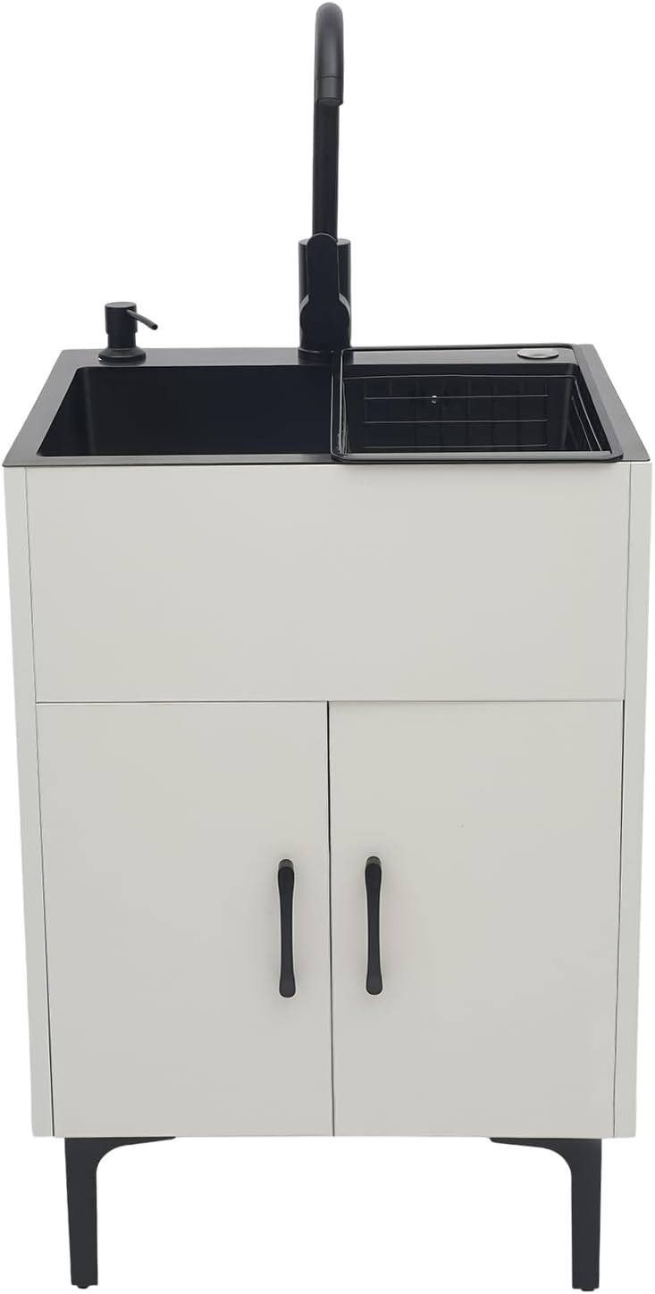 20-Inch Laundry Sink with Cabinet and Hot & Cold Faucet, Stainless Steel Utility Sink with Cabinet, White Cabinet with Single Bowl Sink for Laundry & Utility Room, Kitchen, Bathroom, Basement