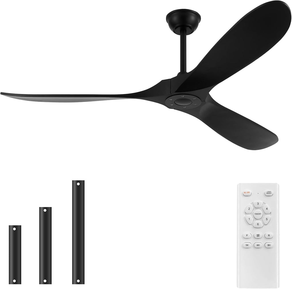 52'' Outdoor Ceiling Fan without Light,Large Airflow with 3 Solid Wood Blades,Black Ceiling Fan with DC Reversible and Silent Motor for Porch,Living Room,Garage.