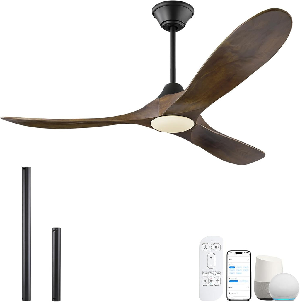 42 Inch Smart Ceiling Fan with Lights Remote, Alexa WIFI Voice Control, Low Profile Indoor/Outdoor Ceiling Fans for Patios Damp Rated, 3 Blades Wood Propeller DC Motor for Living Room,Bedroom,Porch