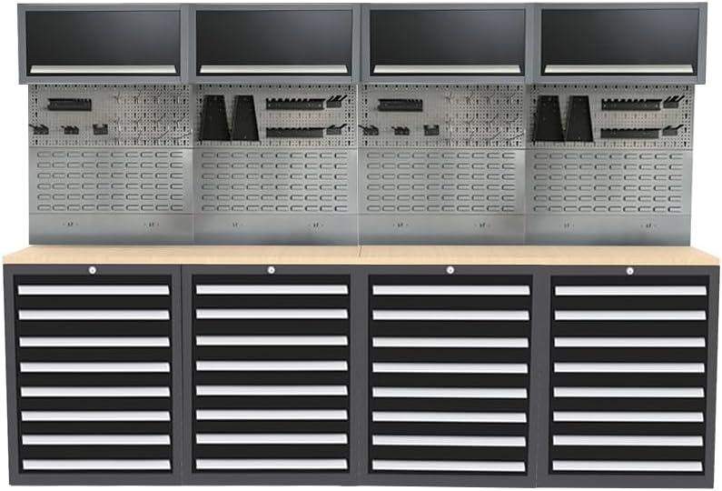 JZD Metal Storage Cabinet System Workbench Set with Wood Top Table, Free Standing for Organizing Garage and Tools