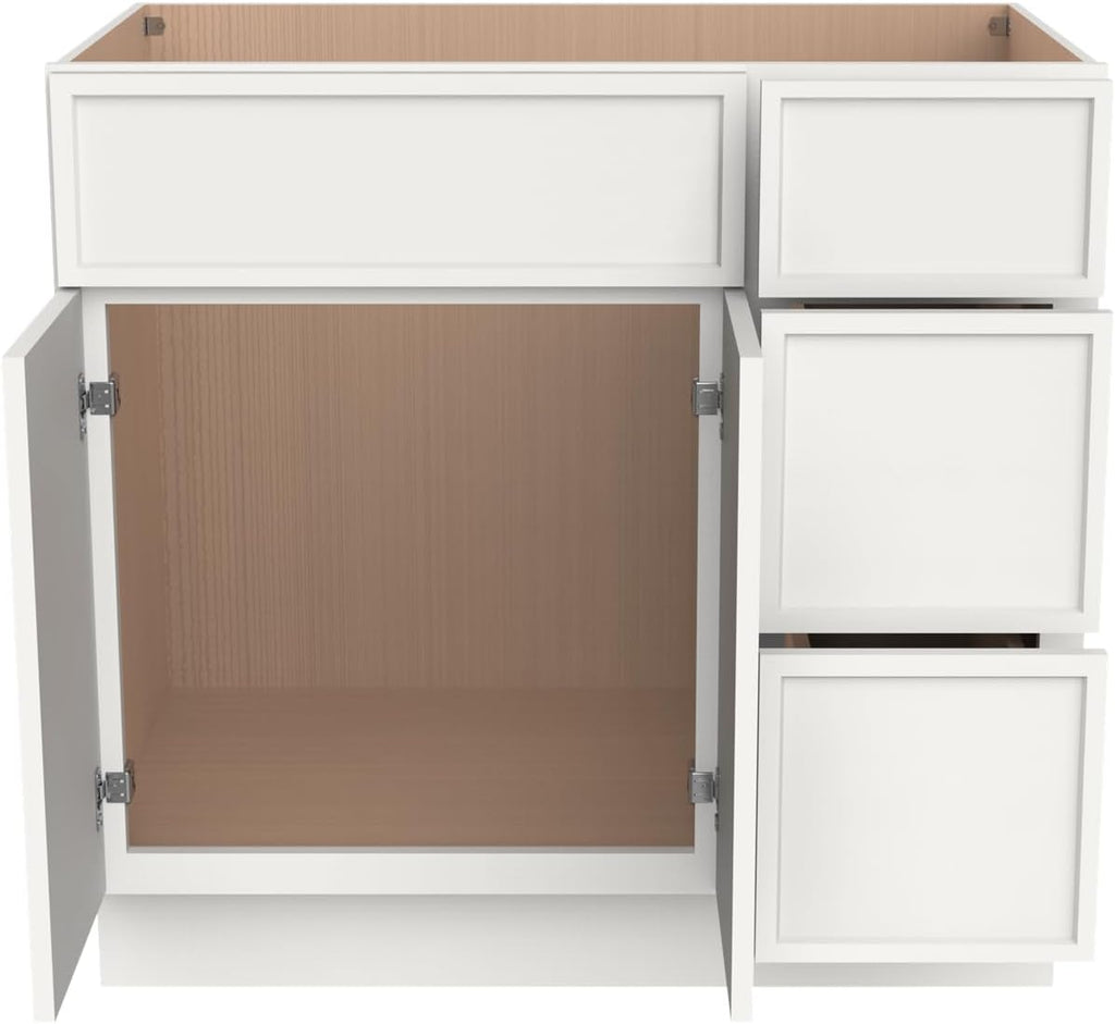 Solid Wood RTA 36' Bathroom Vanity Single-Sink Drawer Base Cabinet Sink Storage Cabinet with Soft-Close 2 Doors and 3 Right Drawers (NT-Origami White, 36' W × 21' D × 34-1/2'H)