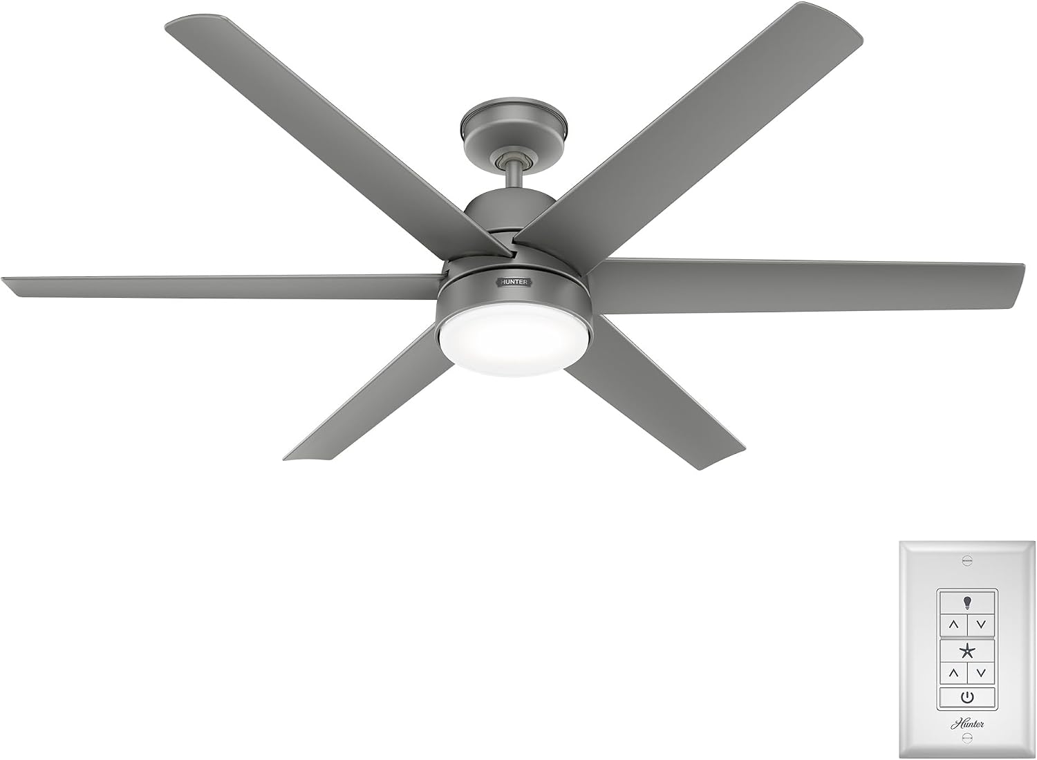 Hunter 60 inch Outdoor or Indoor Ceiling Fan with LED Light - Ceiling Fan with Wall Control, For Patio, Garage, or Porch, Quiet, Standard Mount, 6 Blades - Skysail 51876, Matte Silver