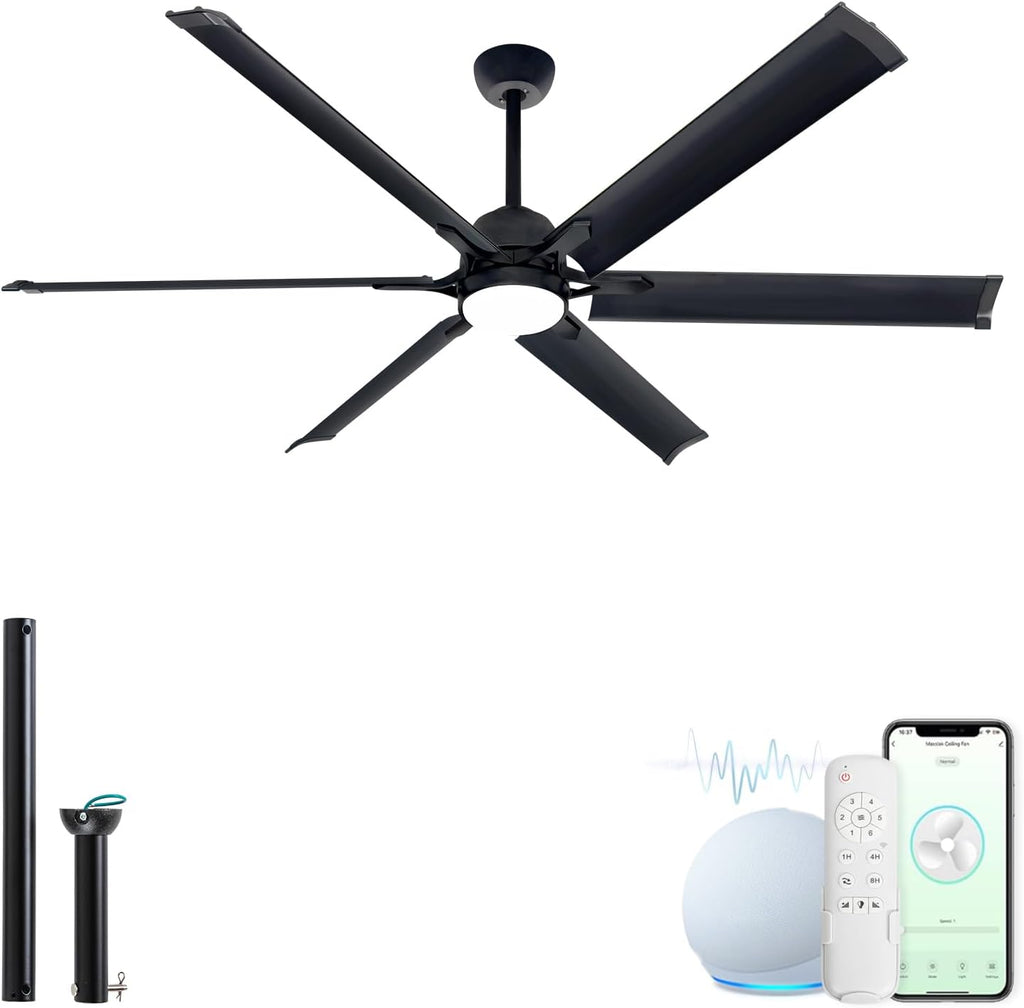 60 Inch Aluminum Blade Ceiling Fan with Light,Industrial Smart Fan Works with Alexa,Indoor Outdoor Metal Black Ceiling Fans for Patio Living room or Bedroom with 6 Speed Reversible DC Motor,3CCTS