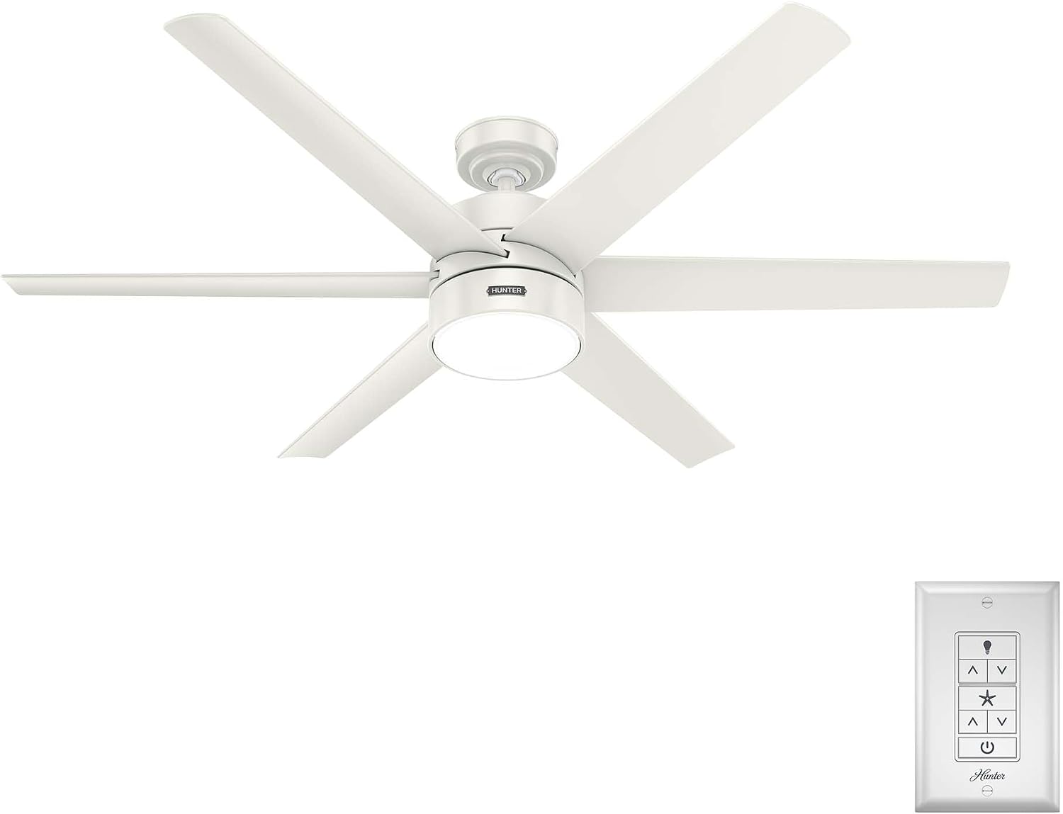 Hunter 60 inch Outdoor or Indoor Ceiling Fan with LED Light - White Ceiling Fan with Wall Control, For Patio, Garage, or Porch, Quiet, Standard Mount, 6 Blades - Solaria 51476, Fresh White