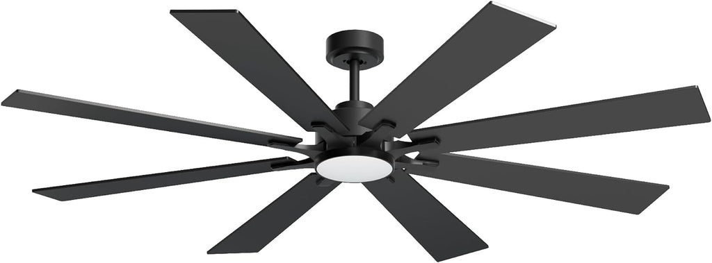 62 Inch Black Ceiling Fan with 5CCT Dimmable Light and Remote, Damp-Rated Indoor/ Outdoor for Patio Industrial Living Room -High CFM Quiet 6-Speed DC Motor, 8 Dual-Finish Blades with Timer 3 Downrods