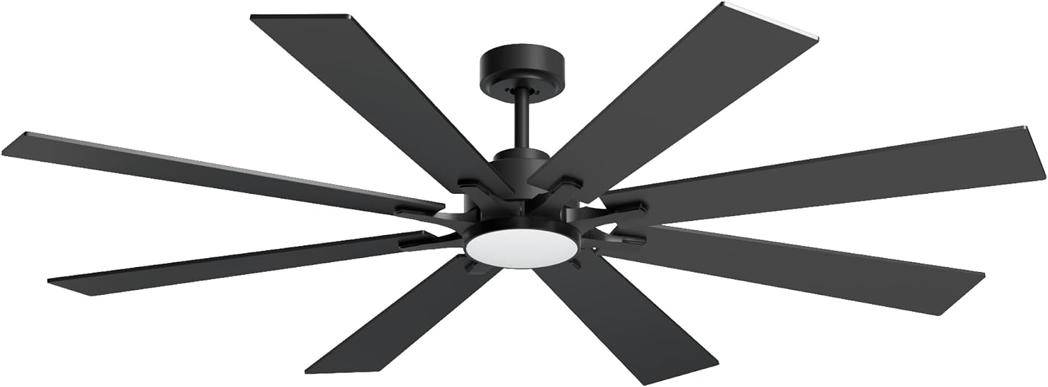 62 Inch Black Ceiling Fan with 5CCT Dimmable Light and Remote, Damp-Rated Indoor/ Outdoor for Patio Industrial Living Room -High CFM Quiet 6-Speed DC Motor, 8 Dual-Finish Blades with Timer 3 Downrods