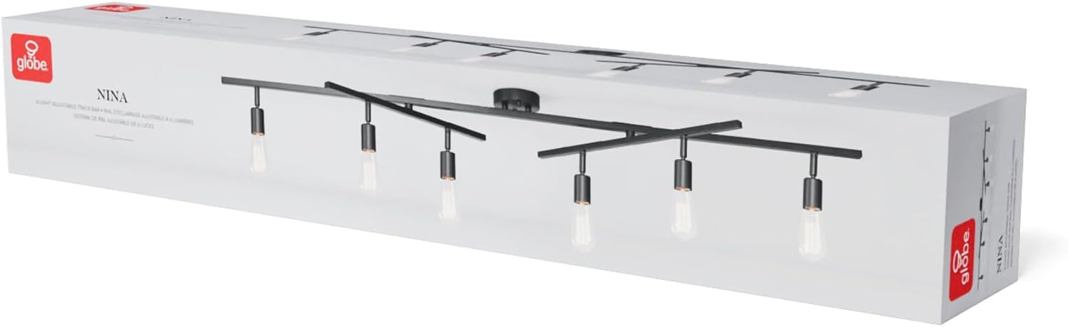 Globe Electric 64000125 64' 6-Light Double Center Swivel Track Lighting, Matte Black, Adjustable Pivoting Heads, Center Canopy, Modern Ceiling Light for Kitchen Island, Hallway, or Dining Room