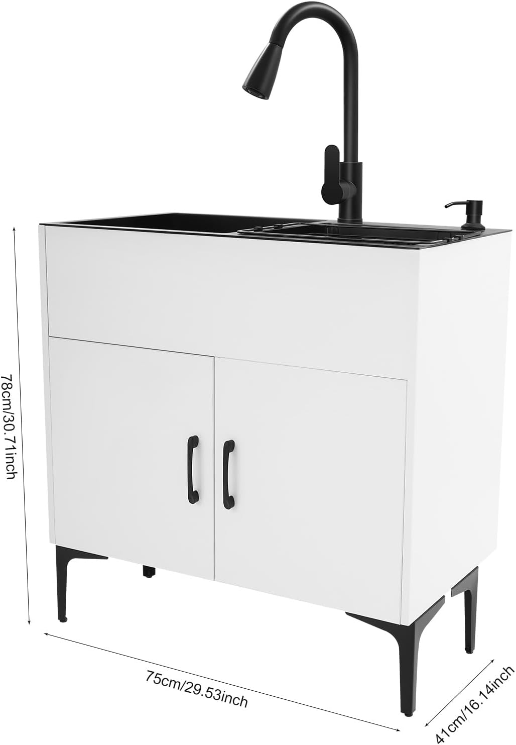 30-Inch Laundry Sink with Cabinet and Pull-Out Faucet, Stainless Steel Utility Sink with Cabinets, Freestanding White Cabinet with Sink for Laundry & Utility Room, Kitchen, Bathroom